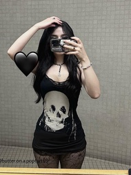 AltGoth Cyber Punk Gothic Dress Women Streetwear Harajuku Skull Printed Sleeveless High Waist Bodyco
