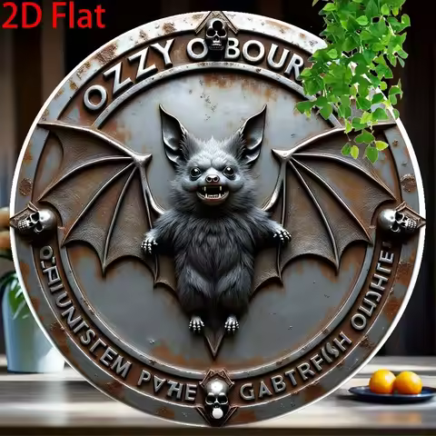 2D Flat Ozzy Osbourne Bat Metal Wall Art, Round Vintage Rusty Skull Decorative Tin Sign, Retro Heavy