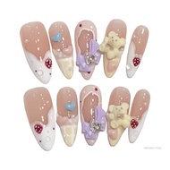 Long Oval Nude Duobao Bear Cream French Strawberry Love TIP Handmade Fake Nails 10 cái trang trí ngh