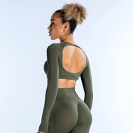 DFYNE Round Neck Cropped Top - Yoga Long Sleeves with Hollow Back Design
