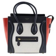 二手CELINE Micro Shopper Luggage 手提包，Tricolore，167792，小牛皮和帆布，義大利製造，黑色，A5 拉鍊，女士