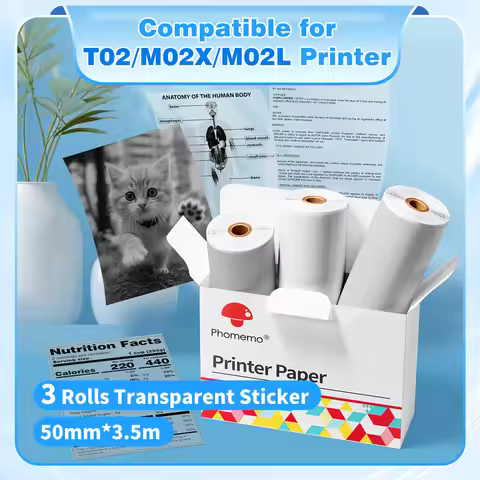 3 Rolls Phomemo White Sticker Paper Thermal Label for T02 M02L Portabal Mini Printer Clear Transparn