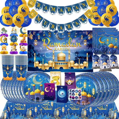 Ramadan Decoration Party Supplies Tablecloth Paper Plate Cup Balloon For Mubarak EID Party Home Deco