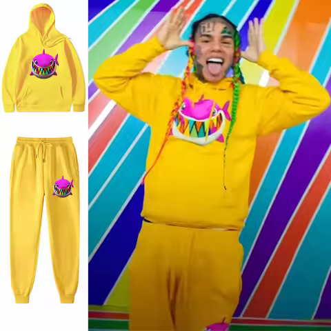 6ix9ine gooba hoodie pants suit hip-hop streetwear velvet warm soft trousers male hip-hop sportswear