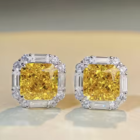 Luxury 18K white gold solid platinum PT950 Women's 4 karat Ice Flower Cut Earrings Yellow Diamond Fu