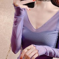 台灣現貨上新 舞蹈網紗上衣 V領透視網紗打底衫長袖薄款內搭鏤空蕾絲紫色上衣 性感紗衣  露天市集  全台最大的網路購物市