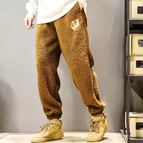 Autumn Winter Men Big Size Lamb Fleece Sweatpants Y2k Vintage Coffee Streetwear Fashion Male Clothes