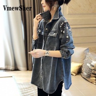 VmewSher Peals Beading Spring Autumn New Retro Blue Denim Jackets Women Loose Korean Style Long Slee