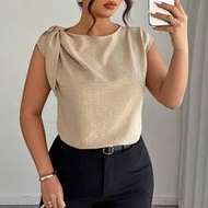 Beige Linen-Cotton Sleeveless Shirt With Shoulder Ties,Summer Smart Casual Non E Plus-Size Blouse Fo