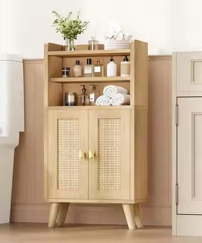 Rattan Small Bathroom Storage Cabinet, Narrow Floor Toilet Paper Storage With 2 Doors & Adjustable S