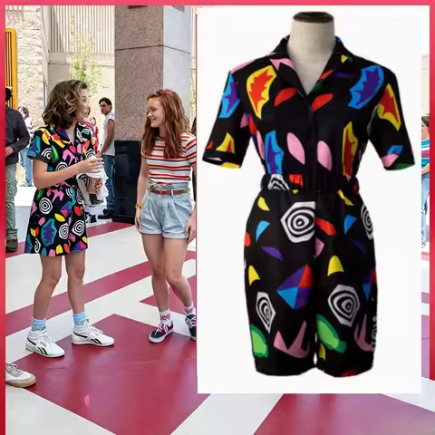 Stranger 3 Eleven Cosplay Costume Girl Jumpsuit Adults 2pcs Short Sleeve Top Pant Set Halloween Part