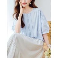 Taiwan Shipping Shirt Women Light Blue Short-Sleeved Summer Round Neck Loose Top Bloomer Sleeve Pure