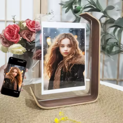 Custom Double-Sided Wooden Photo Frame - Transparent, 2 Photos, Compact Desk Decor Picture Frames, P