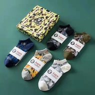 ถุงเท้ากีฬาผ้าฝ้ายลายพราง Aape สำหรับผู้ชาย5คู่/KAOS Kaki Pendek Mata Kaki ใหม่ฤดูร้อน