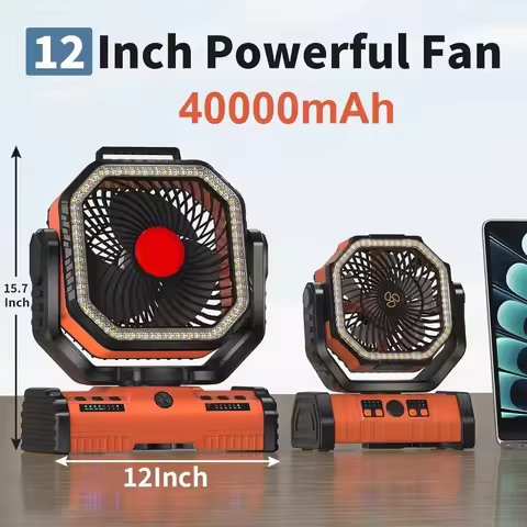 Furniture Battery Pack 12" Portable Camping Fan, 40000mAh Rechargeable with 4 Speeds LED Light, Auto