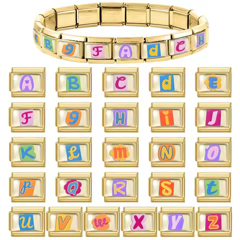 Y2KGold Color Colorful Letter Name Modular Charm Italian Links Fit 9mm Elastic Bracelet Stainless St