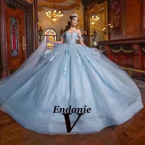 Vendanie Dapper Quinceanera Dress for Girls Off the Shoulder Rhinestones Appliques Tulle Vestidos Pa