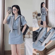 Bigsize Set blue checkered shirt with scarf and short skirt 55-95kg S668