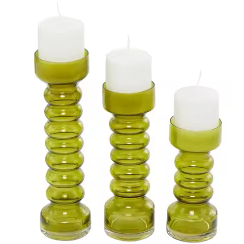 3 Candle Green Glass Bubble Pillar Candle Holder Set of 3