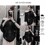 Luxury Sparkling Plus Sign Stone Mesh T-shirt, Freesize Under 52kg - MTS