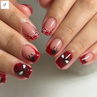 Halloween Spider Web French Edge Fake Nails - Reusable Wearable Red Spider-M Print