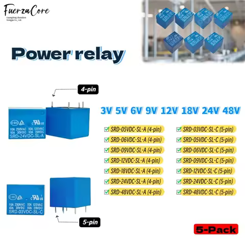 5Pcs Power Relay SRD-3V 5V 6V 9V 12V 18V 24V 48VDC-SL-A/C 4Pin 5Pin Relay Suitable for Headlights an