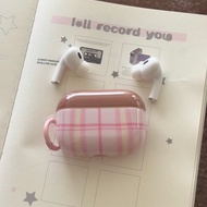 Striped Pink Plaid Design Dual-Tone Earbud Case + Hanger Strap Compatible With Apple Pro 2 / Pro / 4