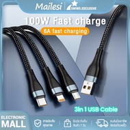 สายชาร์จเร็ว 3In1 100W 6A สาย USB 6A สาย Type C PD ชาร์จเร็ว ใช้สำหรับ Samsung S22/20 S4 Xiaomi Mi 10/9/8 iPhone 13 12 11 ProMax X XR 8 7 5 5S 6 6S iPad Realme Xiaomi MI8/9/10/4 OPPO F9 VIVO X7 HUAWEI สาย Micro