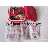 Self heating pack or set with container FOR picnic hiking camping heat cooked food
