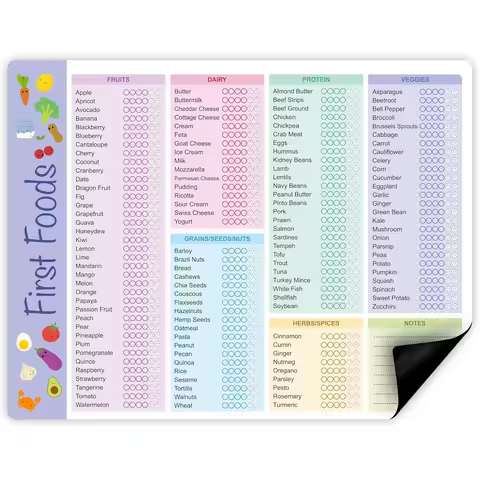 Baby First Foods Tracker, High Quality Fridge Magnet Dry Erase Chart 20x26 cm, 130+ Before One Check