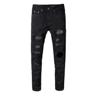 【CW】Sokotoo Men's slim skinny crystal rhinestone patch ripped jeans Fashion patch black stretch. denim turtle