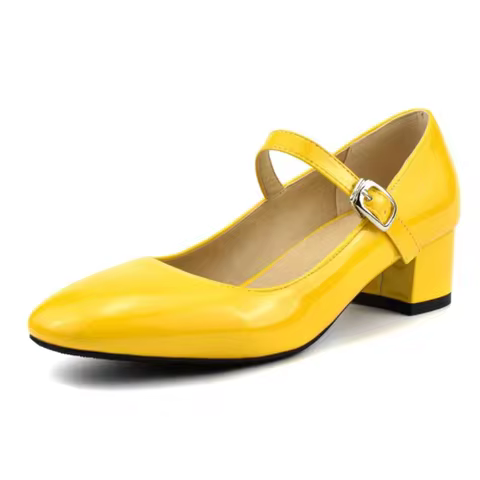 Lady Elegant Buckle Strap Low Heels Pumps Square Toe Patent Leather Moccasines For Dress Candy Color