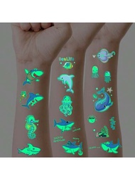 10張發光紋身貼紙,帶有可愛的卡通鯊魚、鯨魚、海豚和海洋動物圖案,防水耐汗暫時性紋身貼紙,能在黑暗中發光