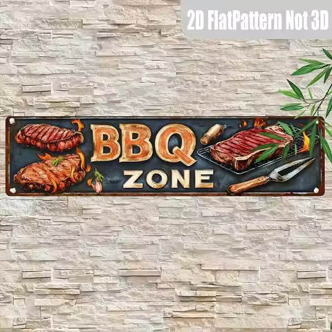 Retro BBQ Zone Metal Tin Sign - 4x16" 2D Flat Novelty Decor, Grill Garage Restaurant Wall Art