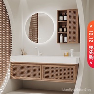 Japanese-style log rattan bathroom cabinet custom mirror cabinet bathroom rock panel seamless basin kelinai washbasin cabinet combination