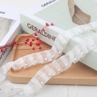 1m Chiffon Gathered Pleated Ruffle Mesh Lace Trim Pearls Beadings Ribbon Fluffy Dress Hemline Shoe S