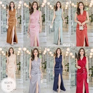 BN478 ราคา 359 บาท ชุดออกงาน เดรสยาวผ่าหน้า แต่งอะไหล่สีเงิน หรูหรา งานสวยเป้ะ ผ้าซาร่าเงา เนื้อผ้า 