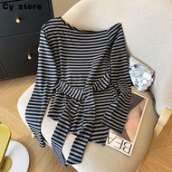 Large Size Striped One-Shoulder Long-Sleeve T-Shirt for Women - Fashionable Fit