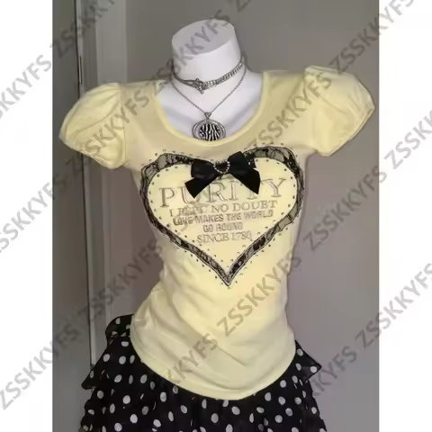 Himekaji Japanese Girl Letter Lace Women's T-shirts Summer Sweet Bow Slim Short-Sleeved Top Y2k Clot