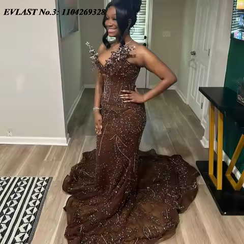 EVLAST Customized Shiny Brown Sequins Mermaid Prom Dress Diamond Crystal Beaded Black Girls Party Go
