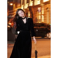 Azure French Retro Velvet Dress - High Waist, V-Neck, Lantern Sleeves