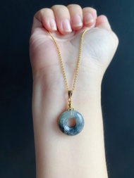 天然緬甸玉 翡翠 玉棉多 烏雞水墨風 平安扣 設計款 項鍊 禮物