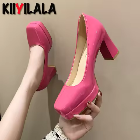 8cm Round Chunky High Heel Platform Baby Pink Orange Pumps Women Shoes Square Toe Fashion Patent Lea