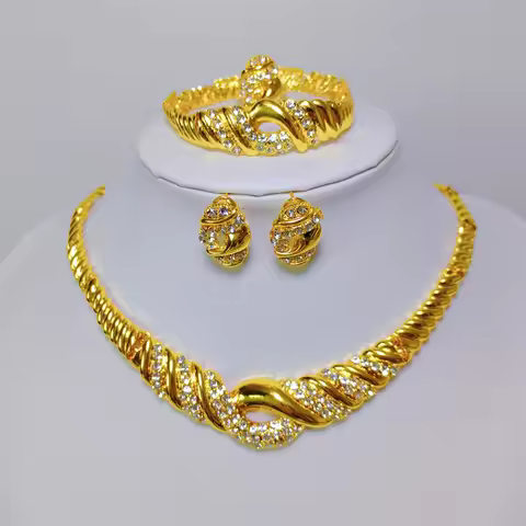 ESALE Fashion Italian Gold Plated Ladies Necklace Dubai Jewelry Set Woman Ring Bracelet Earrings Afr