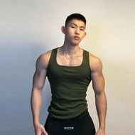 singlet men baju singlet lelaki Musim panas warna pepejal kapas murni rompi kolar persegi Amerika su