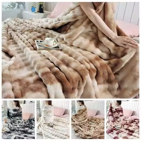 New Faux Rabbit Fur Warm Blanket Double Sided Skin-Friendly Throw Blanket Ultra Soft Solid Color Plu