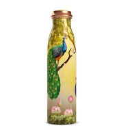 Pure Copper Water Bottle 1 Litre Leakproof with Elegant Peacock Printed Seamless Design