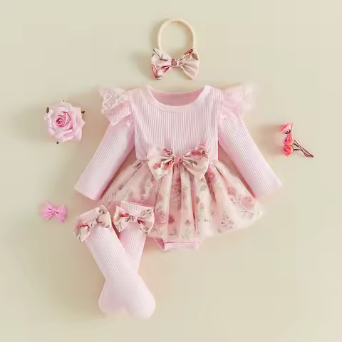 Citgeett Autumn Infant Baby Girls Floral Bodysuit Dress Lace Ruffles Jumpsuit Headband Stocking Fall