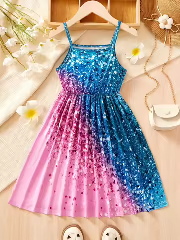 Children's Clothing Girls' Sparkling All-Over Printed Dress, Fashionable Strap Dress Suitable for Gi
