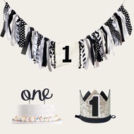 Baby 1st Birthday Party Decoration Black Silver Cool High Chair Banner with 1st Birthday Crown and C